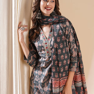 Floral Block Printed Mirror & Zari Embroidered Kurta with Pants & Dupatta - Grey