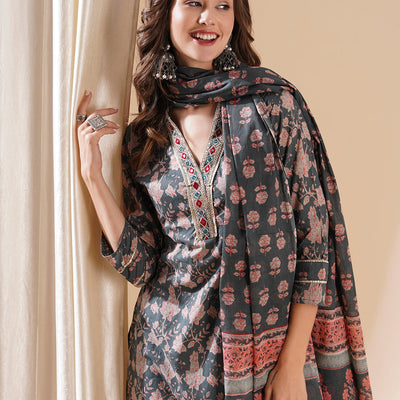 Floral Block Printed Mirror & Zari Embroidered Kurta with Pants & Dupatta - Grey
