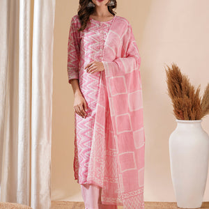 Chevron Printed Mirror Embroidered Kurta with Pants & Dupatta - Pink