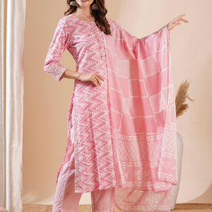 Chevron Printed Mirror Embroidered Kurta with Pants & Dupatta - Pink