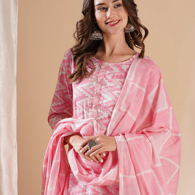 Chevron Printed Mirror Embroidered Kurta with Pants & Dupatta - Pink