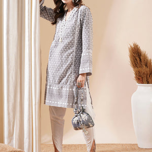 Woven Resham Jacquard Lacce Embellished Kurta with Tulip Pants - Grey