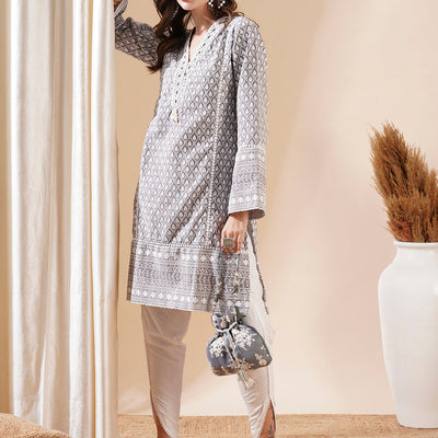 Woven Resham Jacquard Lacce Embellished Kurta with Tulip Pants - Grey