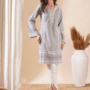 Woven Resham Jacquard Lacce Embellished Kurta with Tulip Pants - Grey