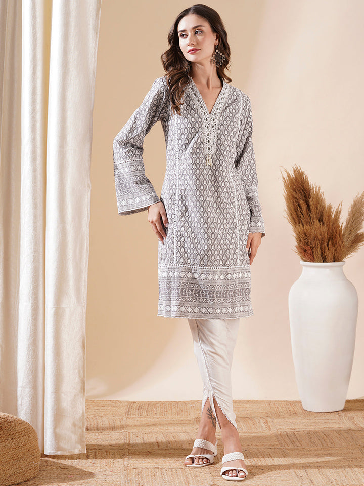 Woven Resham Jacquard Lacce Embellished Kurta with Tulip Pants - Grey