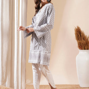 Woven Resham Jacquard Lacce Embellished Kurta with Tulip Pants - Grey