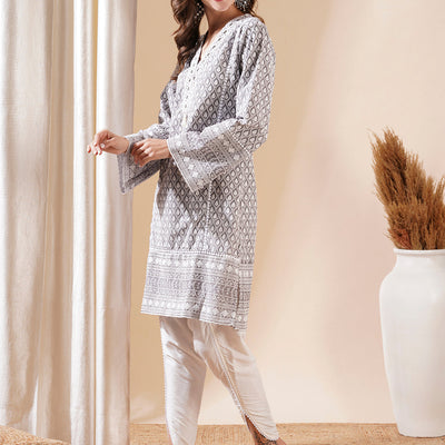 Woven Resham Jacquard Lacce Embellished Kurta with Tulip Pants - Grey