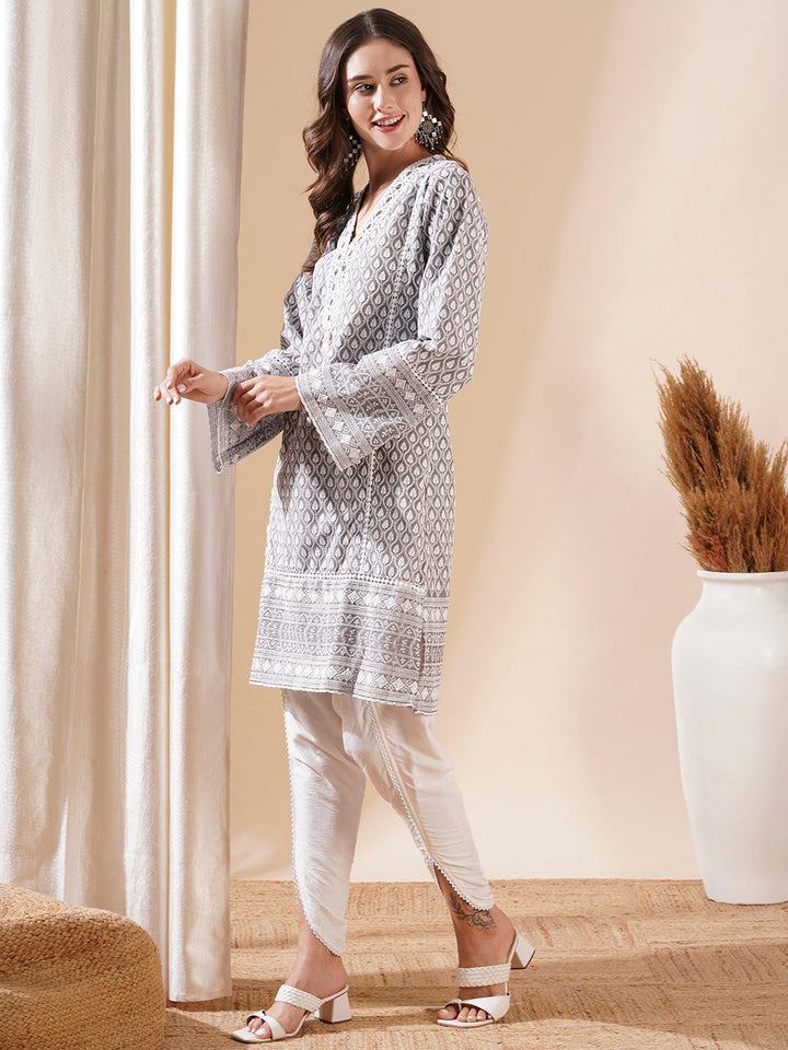 Woven Resham Jacquard Lacce Embellished Kurta with Tulip Pants - Grey