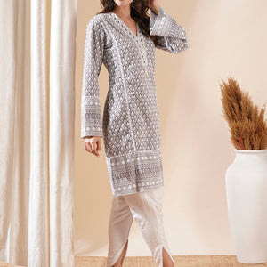 Woven Resham Jacquard Lacce Embellished Kurta with Tulip Pants - Grey