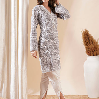 Woven Resham Jacquard Lacce Embellished Kurta with Tulip Pants - Grey
