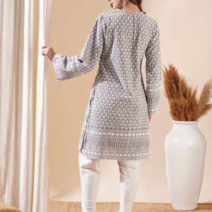 Woven Resham Jacquard Lacce Embellished Kurta with Tulip Pants - Grey
