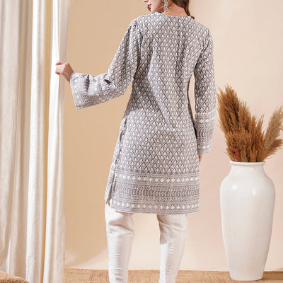 Woven Resham Jacquard Lacce Embellished Kurta with Tulip Pants - Grey