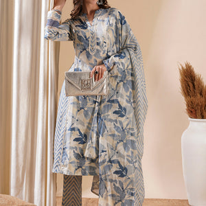Abstract Printed Lace Work Paneled A-line Kurta with Pants & Dupatta - Blue