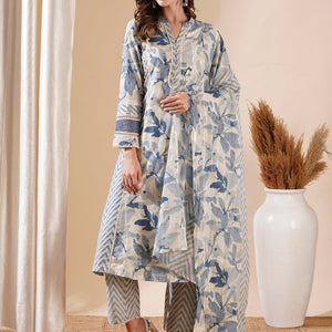 Abstract Printed Lace Work Paneled A-line Kurta with Pants & Dupatta - Blue