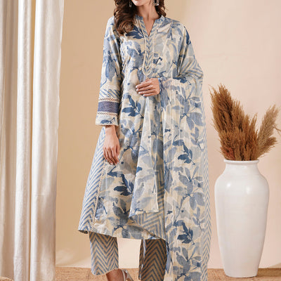Abstract Printed Lace Work Paneled A-line Kurta with Pants & Dupatta - Blue