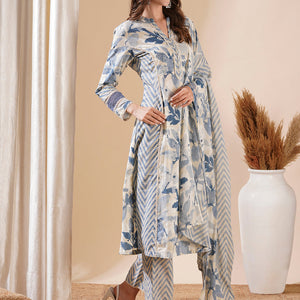 Abstract Printed Lace Work Paneled A-line Kurta with Pants & Dupatta - Blue