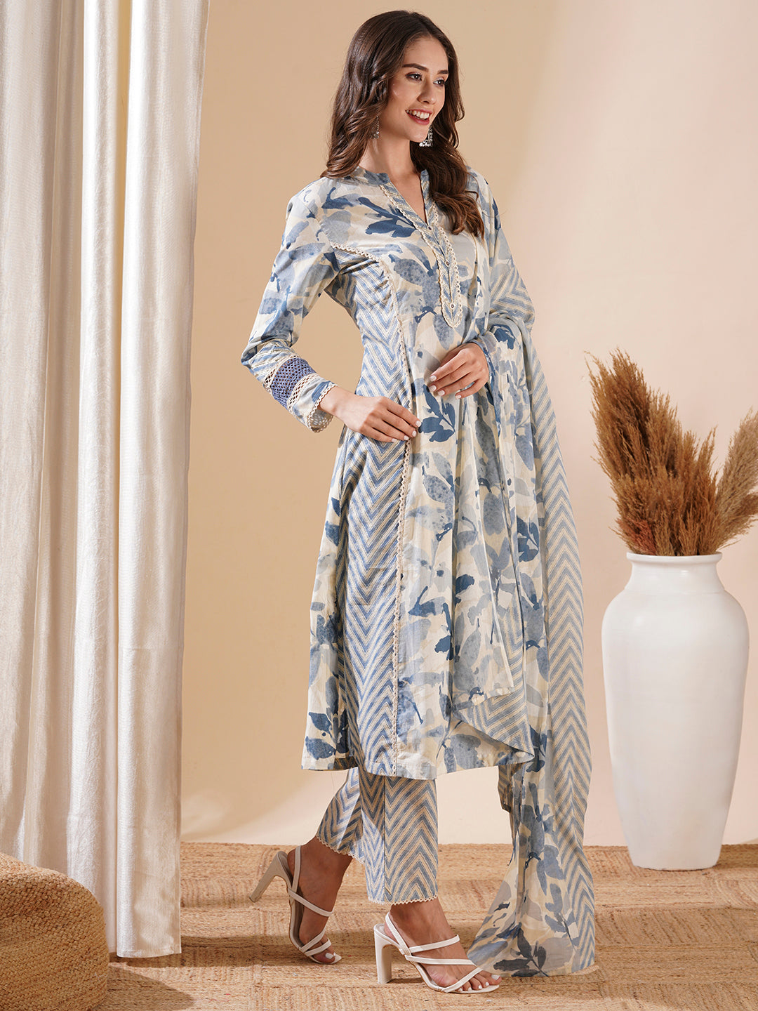 Abstract Printed Lace Work Paneled A-line Kurta with Pants & Dupatta - Blue