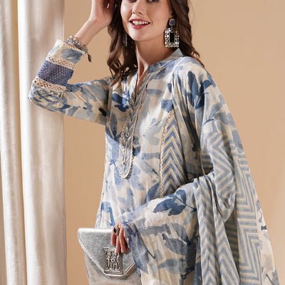 Abstract Printed Lace Work Paneled A-line Kurta with Pants & Dupatta - Blue