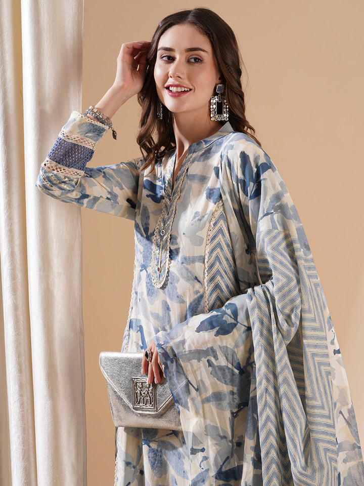 Abstract Printed Lace Work Paneled A-line Kurta with Pants & Dupatta - Blue