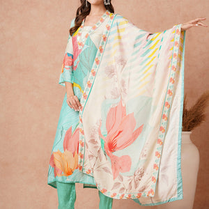 Floral Printed Sequins & Dabka Embroidered Kurta with Pantts & Dupatta - sea Green