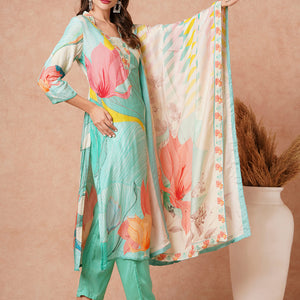 Floral Printed Sequins & Dabka Embroidered Kurta with Pantts & Dupatta - sea Green