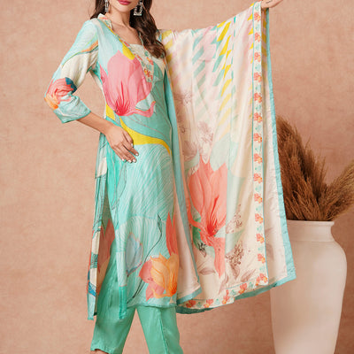 Floral Printed Sequins & Dabka Embroidered Kurta with Pantts & Dupatta - sea Green