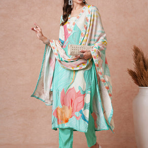 Floral Printed Sequins & Dabka Embroidered Kurta with Pantts & Dupatta - sea Green