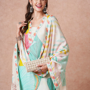 Floral Printed Sequins & Dabka Embroidered Kurta with Pantts & Dupatta - sea Green