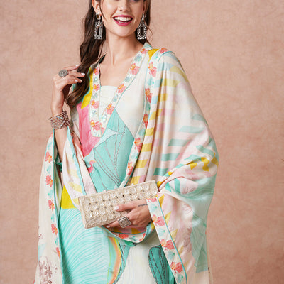 Floral Printed Sequins & Dabka Embroidered Kurta with Pantts & Dupatta - sea Green