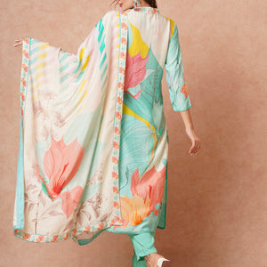 Floral Printed Sequins & Dabka Embroidered Kurta with Pantts & Dupatta - sea Green