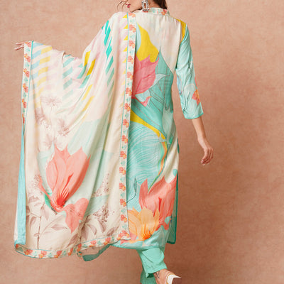 Floral Printed Sequins & Dabka Embroidered Kurta with Pantts & Dupatta - sea Green