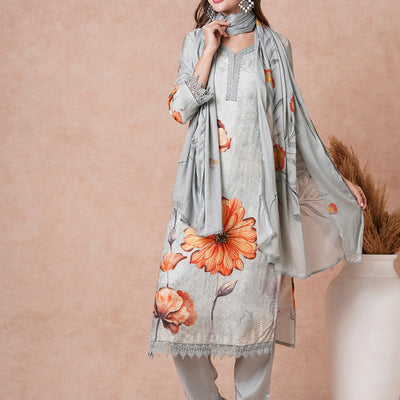 Floral Printed Resham & Sequins Embroidered Kurta with Pants & Dupatta - Grey