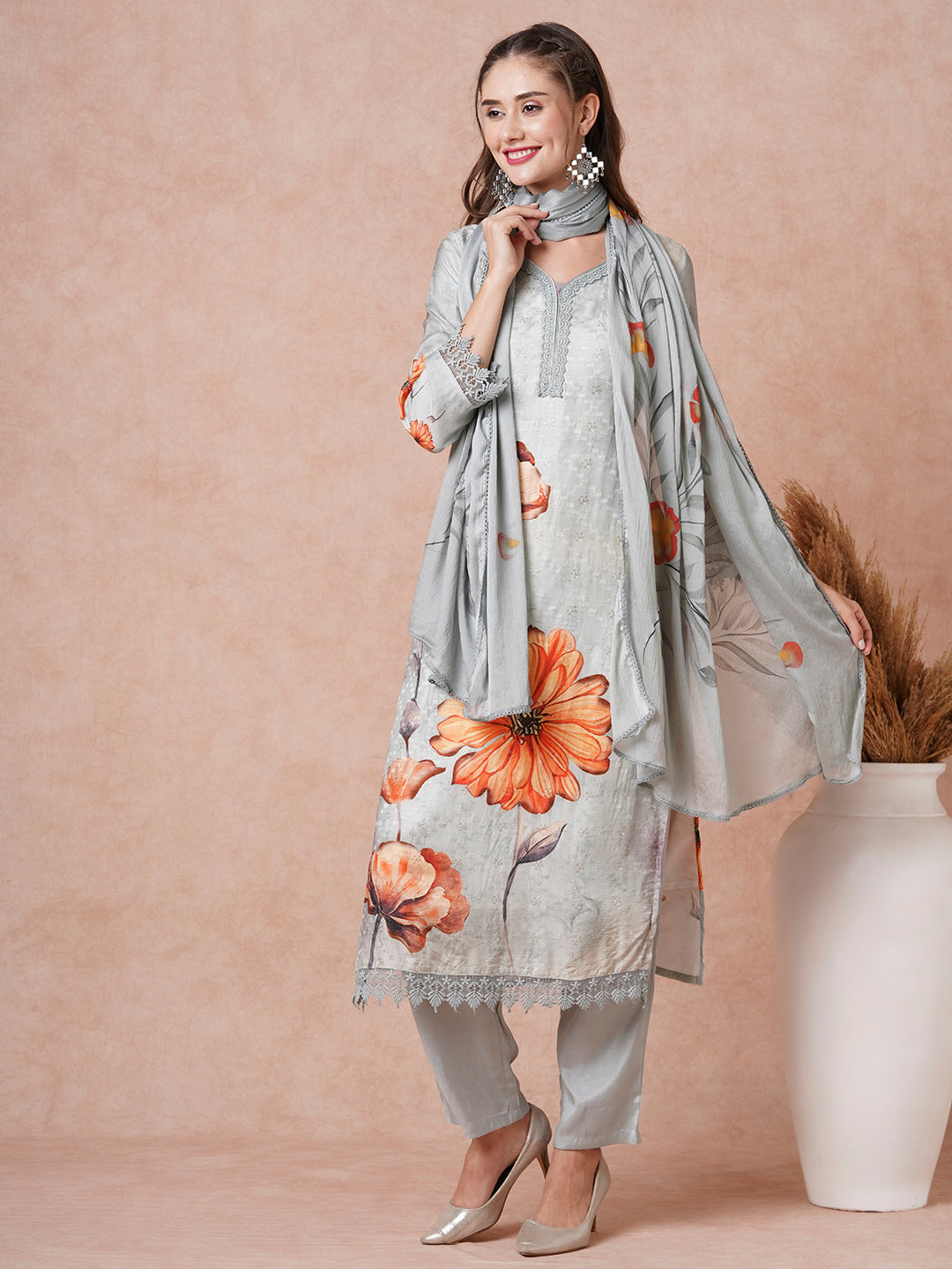 Floral Printed Resham & Sequins Embroidered Kurta with Pants & Dupatta - Grey
