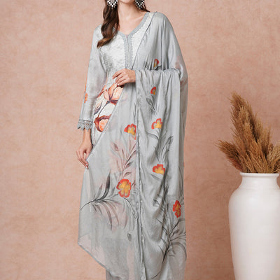 Floral Printed Resham & Sequins Embroidered Kurta with Pants & Dupatta - Grey