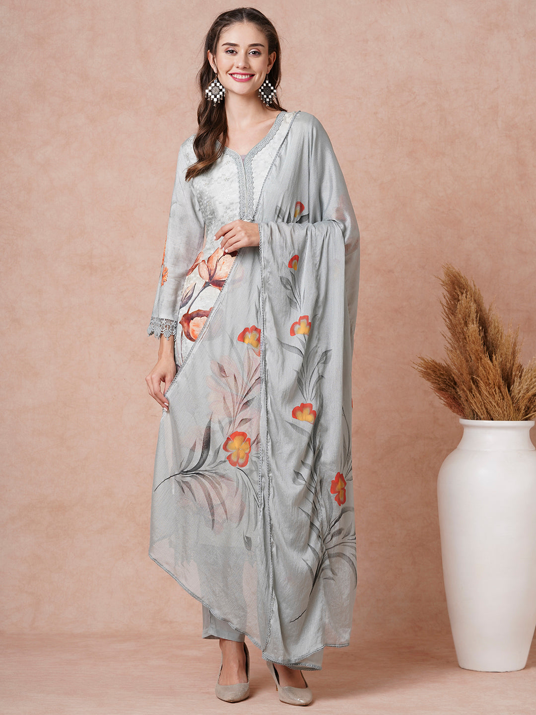 Floral Printed Resham & Sequins Embroidered Kurta with Pants & Dupatta - Grey