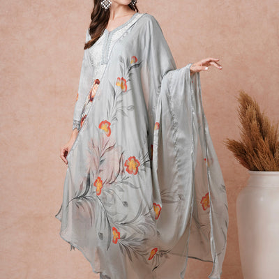 Floral Printed Resham & Sequins Embroidered Kurta with Pants & Dupatta - Grey