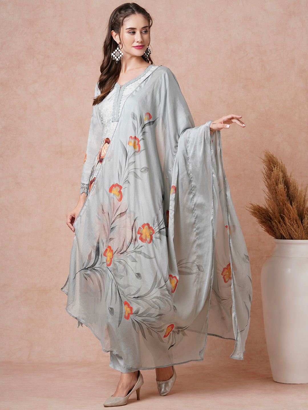 Floral Printed Resham & Sequins Embroidered Kurta with Pants & Dupatta - Grey