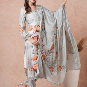 Floral Printed Resham & Sequins Embroidered Kurta with Pants & Dupatta - Grey