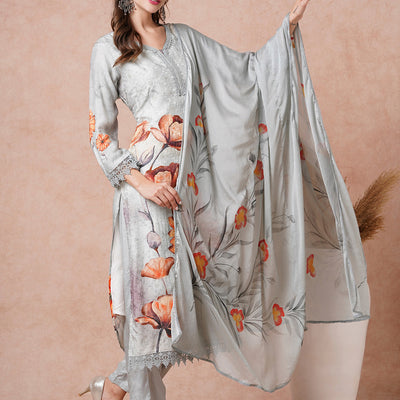 Floral Printed Resham & Sequins Embroidered Kurta with Pants & Dupatta - Grey