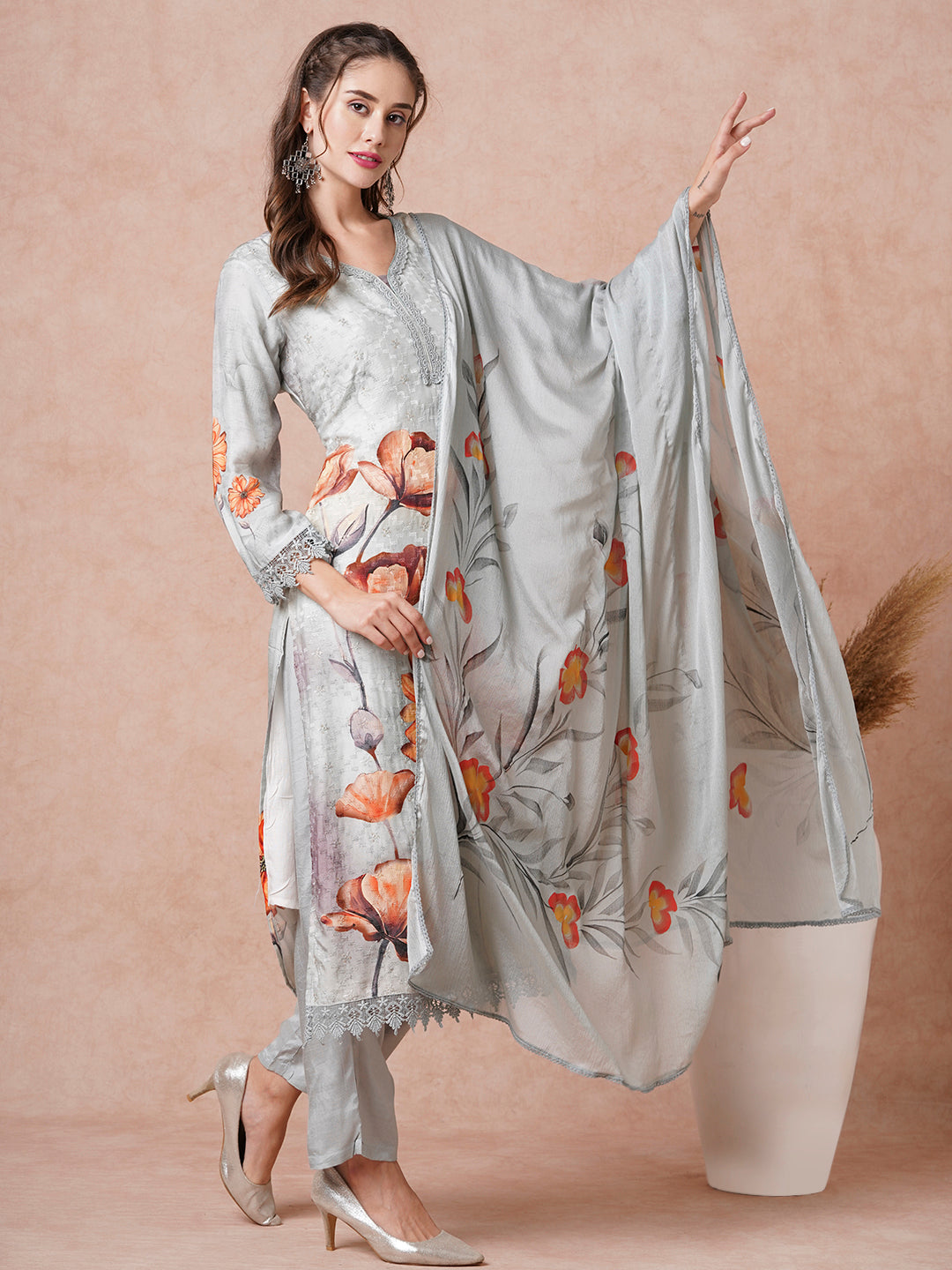 Floral Printed Resham & Sequins Embroidered Kurta with Pants & Dupatta - Grey