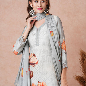 Floral Printed Resham & Sequins Embroidered Kurta with Pants & Dupatta - Grey