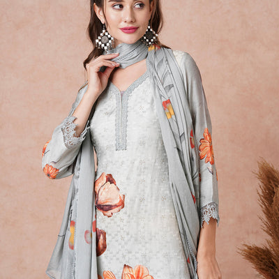 Floral Printed Resham & Sequins Embroidered Kurta with Pants & Dupatta - Grey