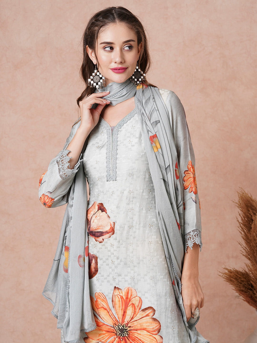 Floral Printed Resham & Sequins Embroidered Kurta with Pants & Dupatta - Grey