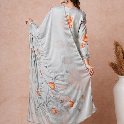 Floral Printed Resham & Sequins Embroidered Kurta with Pants & Dupatta - Grey