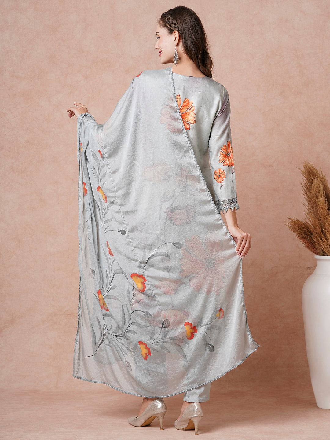 Floral Printed Resham & Sequins Embroidered Kurta with Pants & Dupatta - Grey