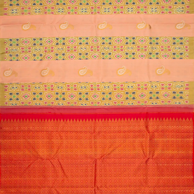 Peach Handloom Kanchipuram Silk Saree With Ikat Floral Motifs