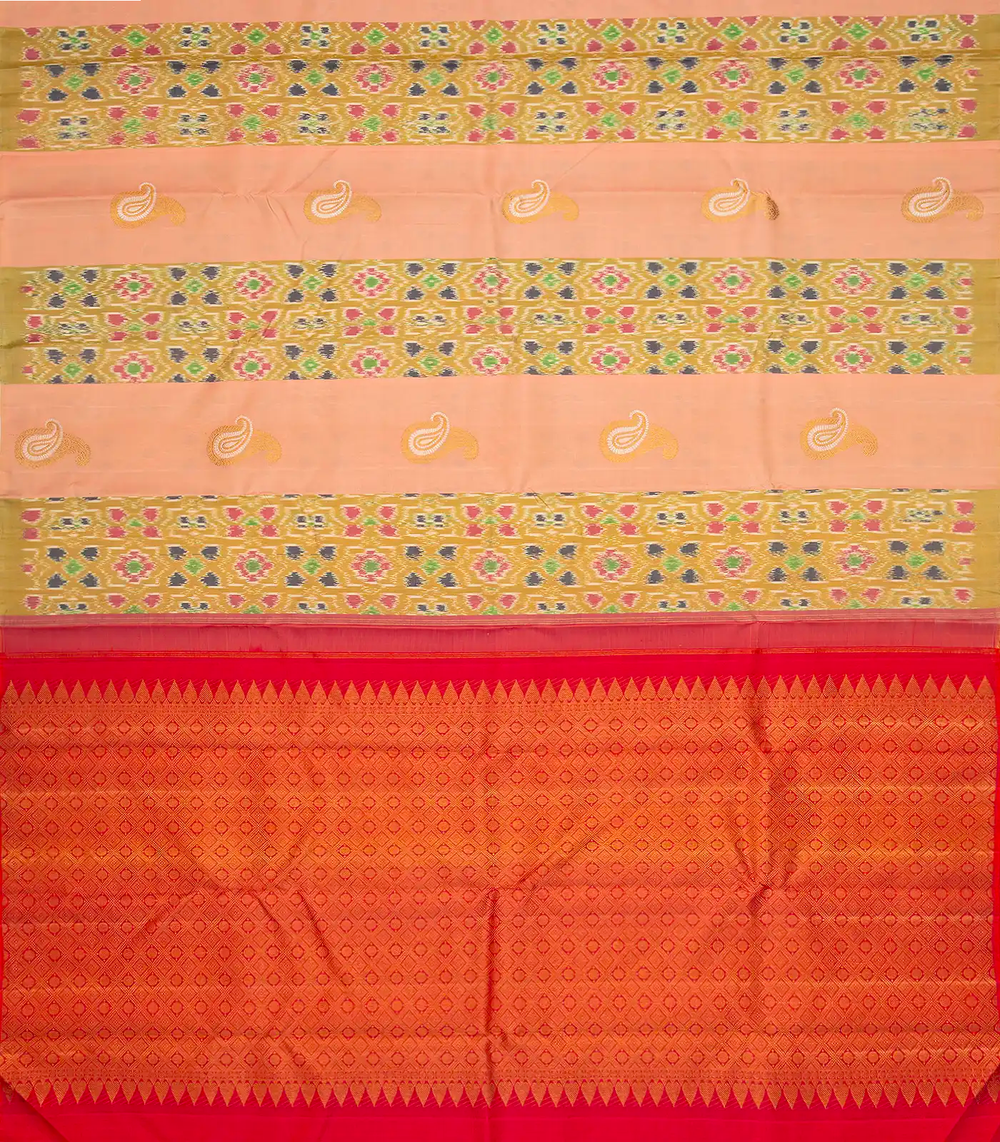 Peach Handloom Kanchipuram Silk Saree With Ikat Floral Motifs