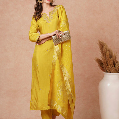 Solid Hand Embroidered Kurta with Pant & Woven Jacquard Dupatta - Mustard