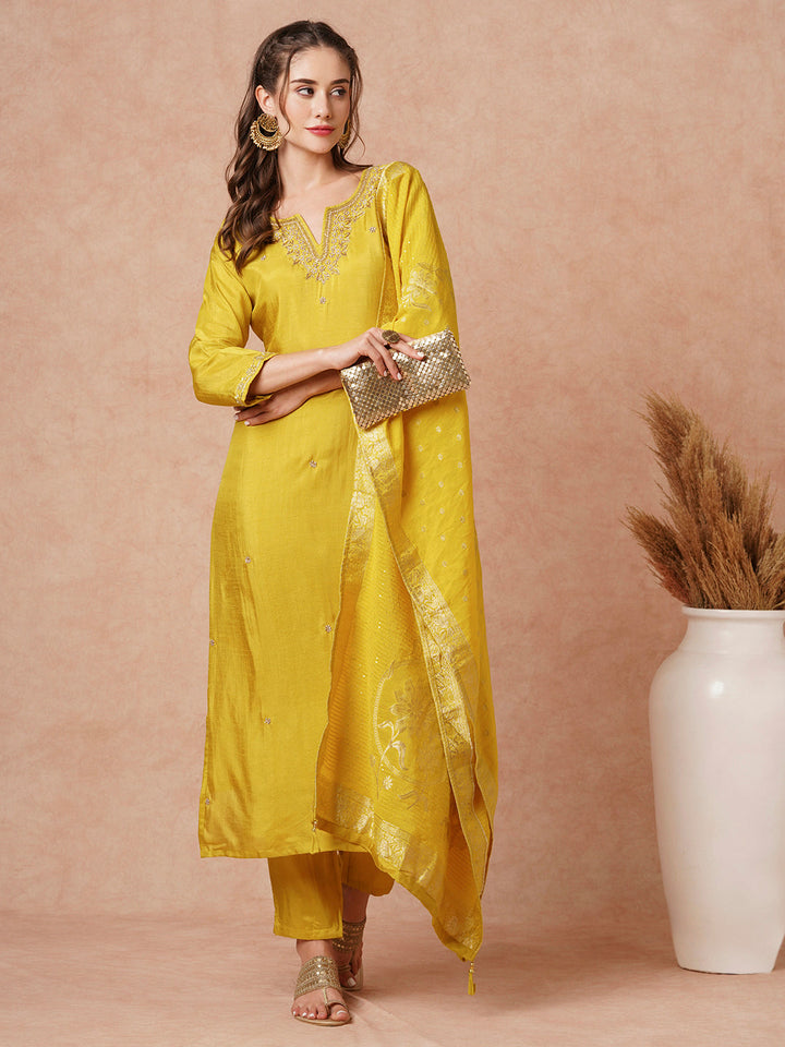 Solid Hand Embroidered Kurta with Pant & Woven Jacquard Dupatta - Mustard