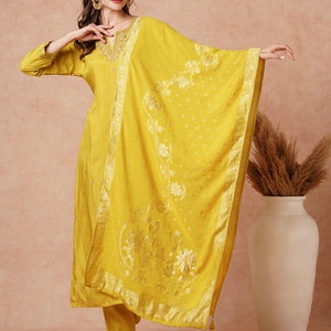Solid Hand Embroidered Kurta with Pant & Woven Jacquard Dupatta - Mustard